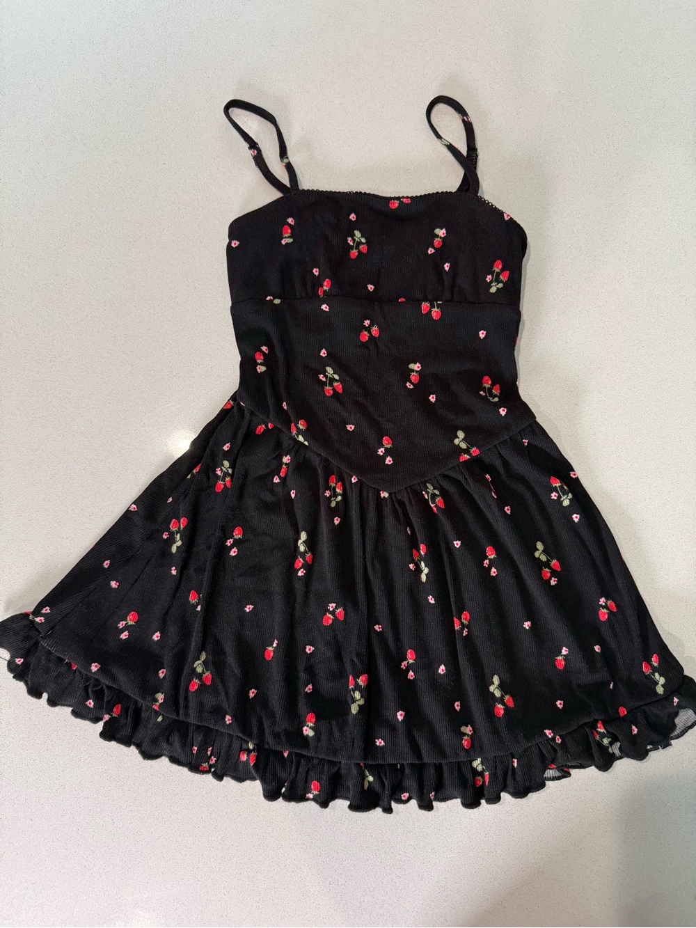 art class Black Spaghetti Strap Dress with Red Cherry Print